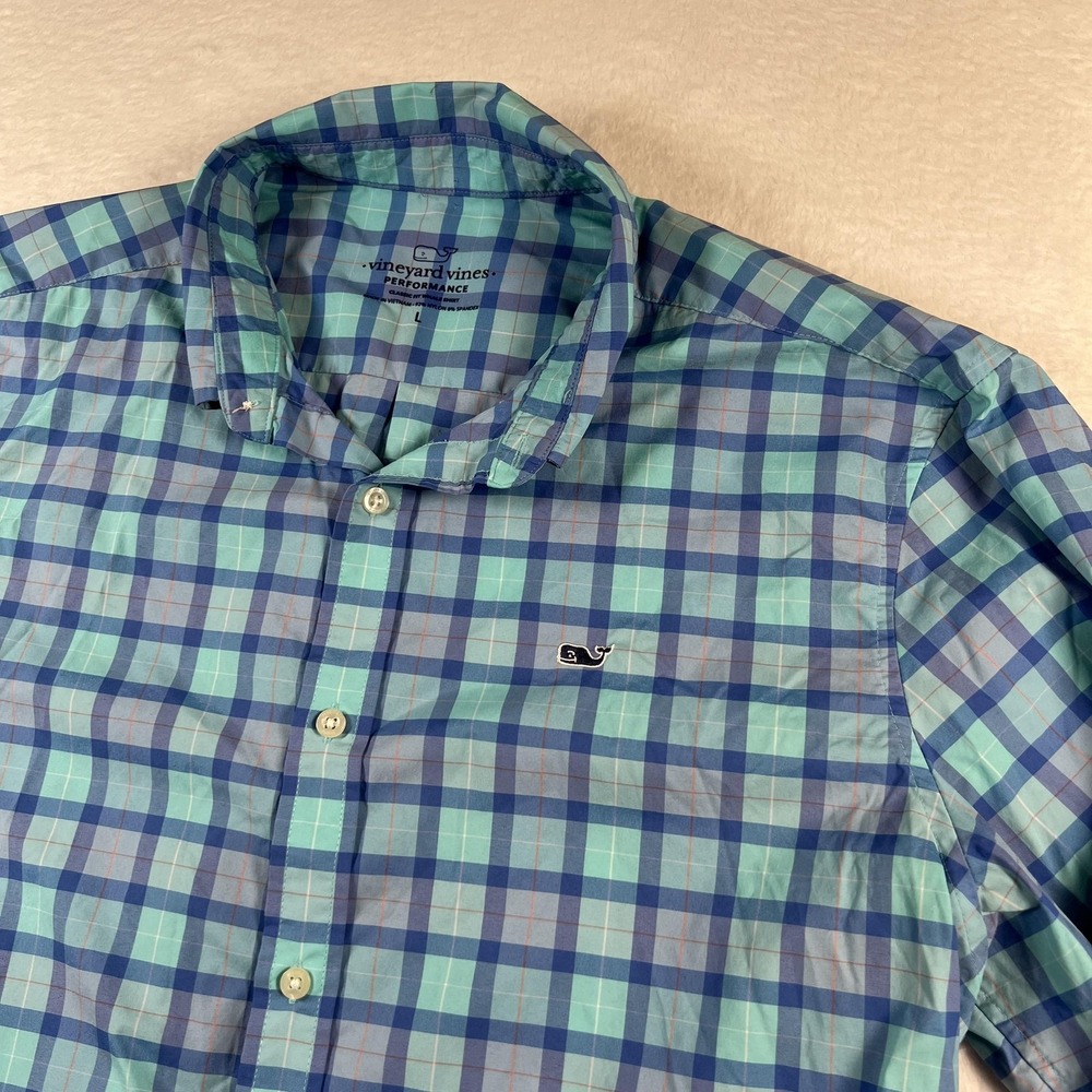 Vineyard Vines Shirt Mens Large Blue Plaid Whale Long Sleeve Button Down